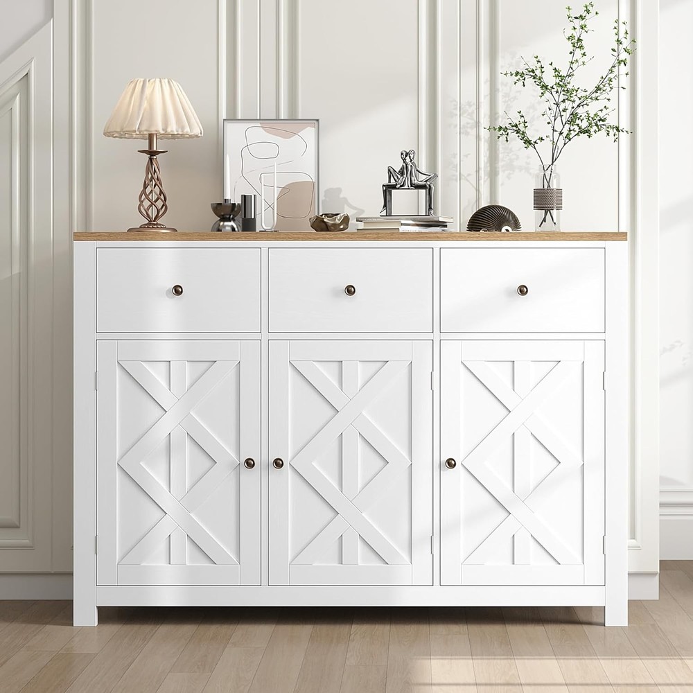 White Farmhouse Buffet Cabinet with Storage - Kitchen Sideboard