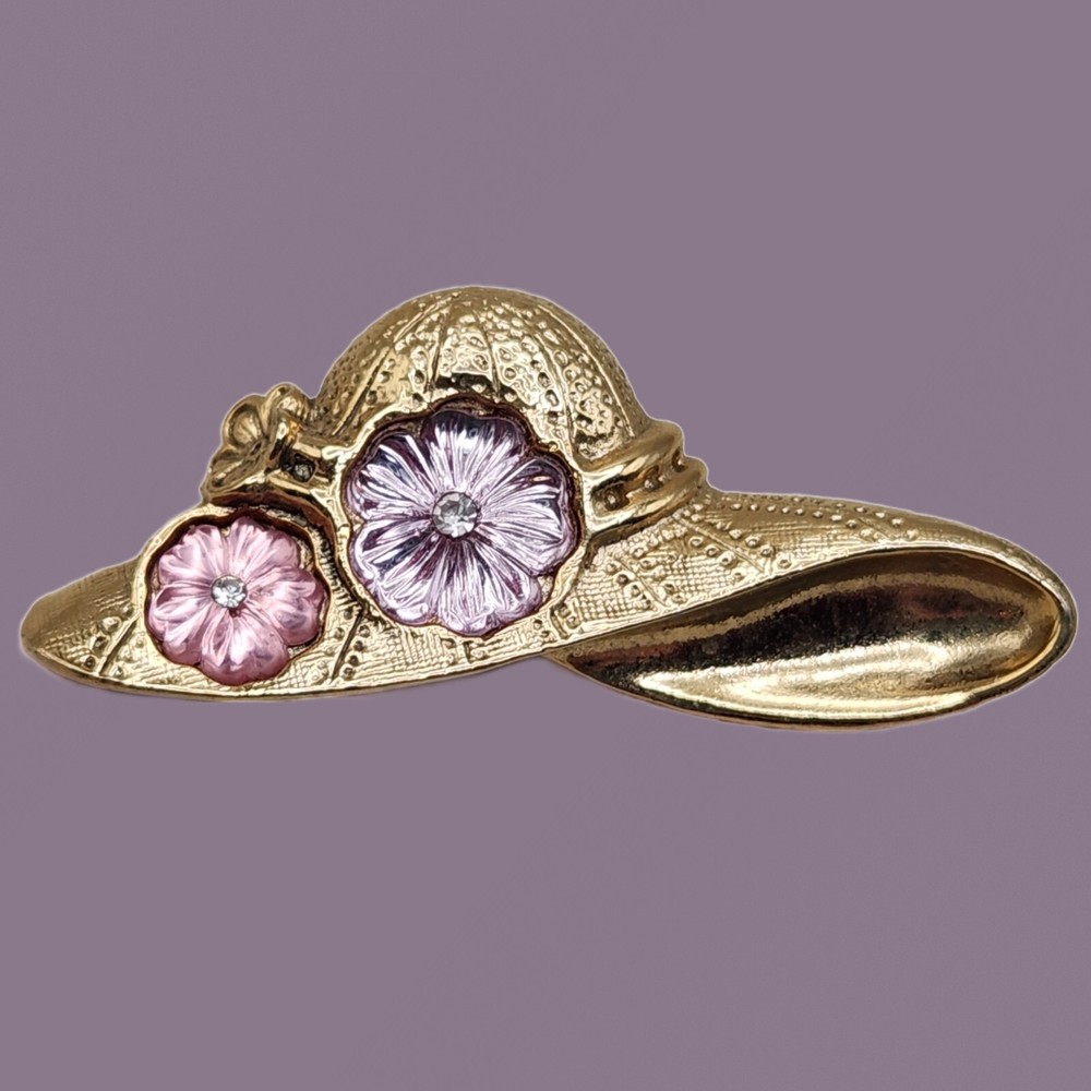 Vtg 1928 Hat Brooch Molded Pink Purple Flower Floral Rhinestone Gold Tone Read