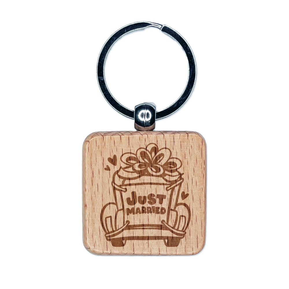 Just Married Vintage Car with Bow Engraved Wood Square Keychain Tag Charm