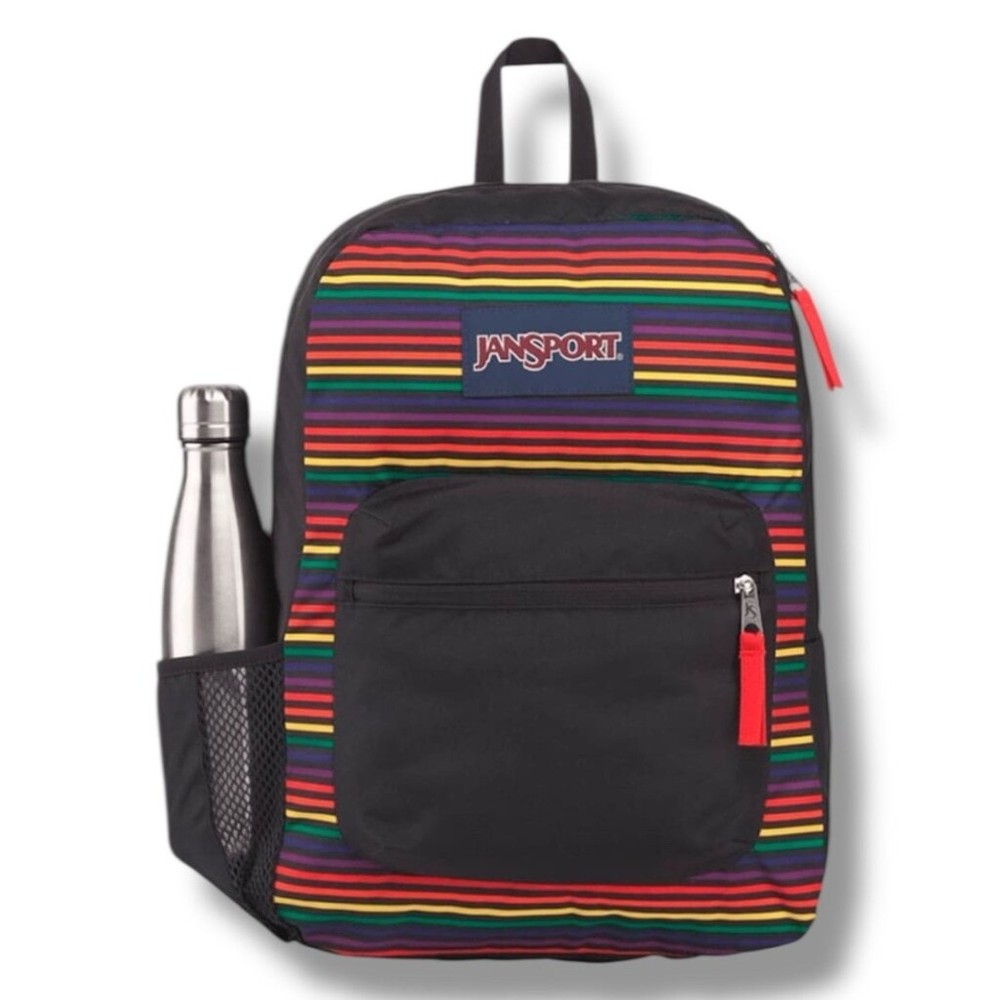 JanSport Cross Town Black Multicolor Striped School Backpack 16.5Hx12.5Lx5.5W