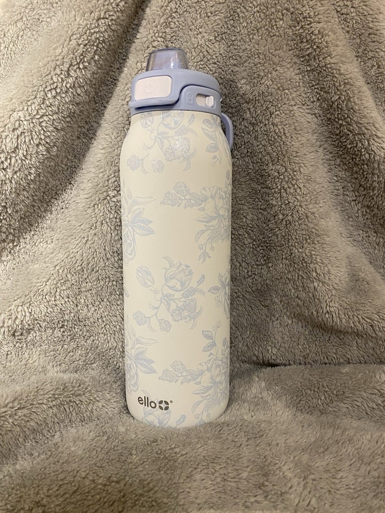 Ello 32oz Water Bottle, Used Good Condition, White with Blue Flowers Pattern