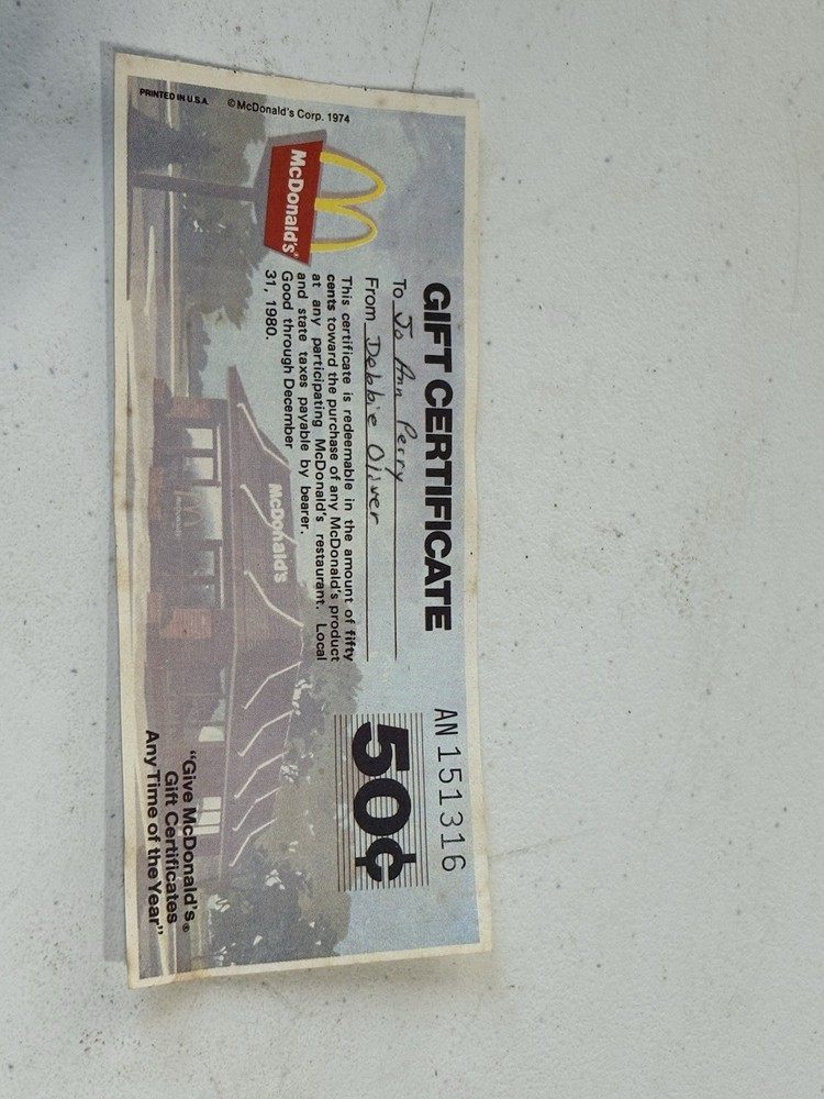 McDonald's Vintage Gift Certificates 70s 80s