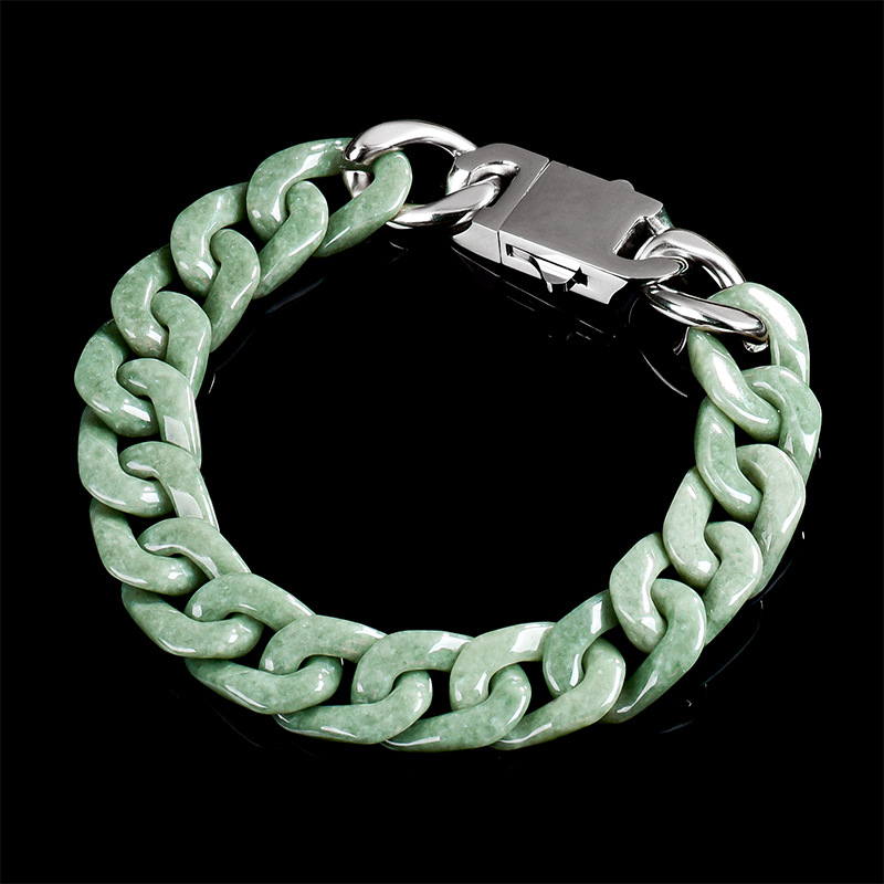 Natural Green Jadeite Cuban Curb Bracelet Adjustable 5.9-9.4 Inch
