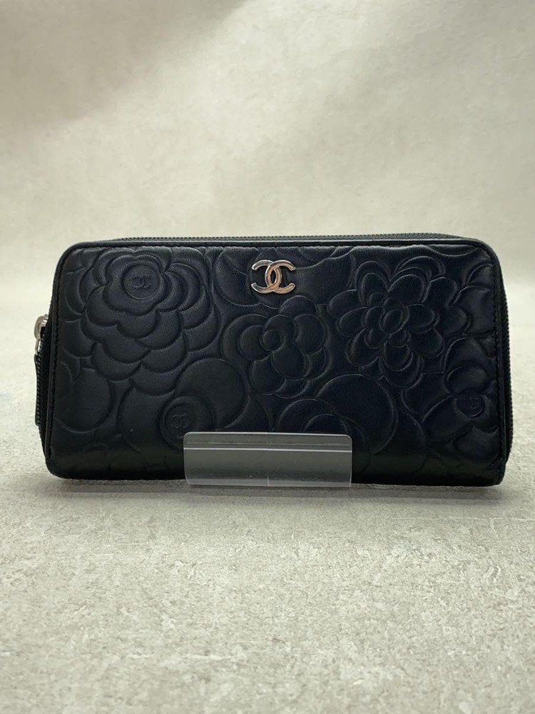 CHANEL A82281 Camellia Embossed Silver CC Zip Wallet Black Pre-Owned