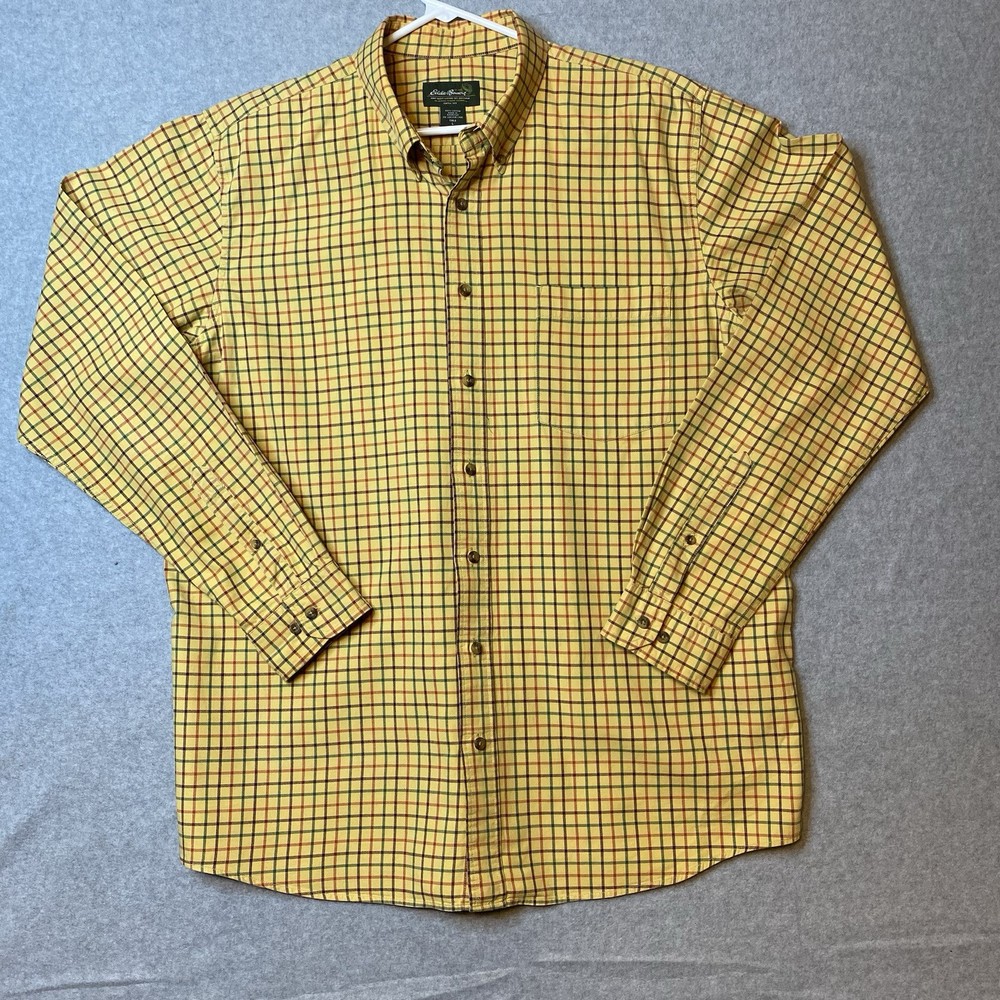 EDDIE BAUER Men's Large Tall Yellow Plaid Long Sleeve Button-Up Shirt 100% Cotton