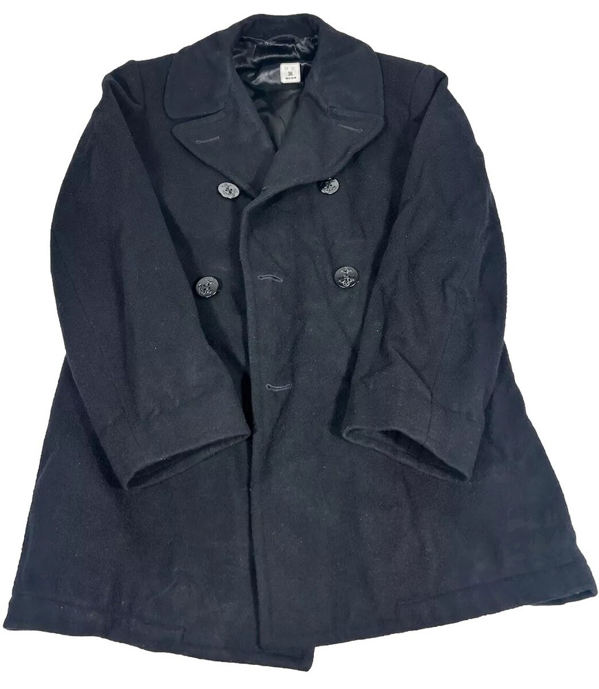 NAVY PEACOAT 38 LONG BLACK WOOL VTG 90s US NAVY ANCHOR STERLING WEAR OF BOSTON