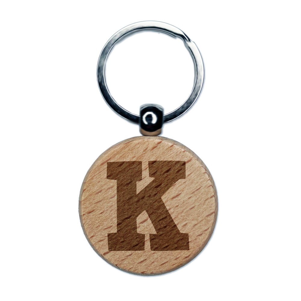 Bold Letter K Engraved Wooden Round Keychain Tag Charm