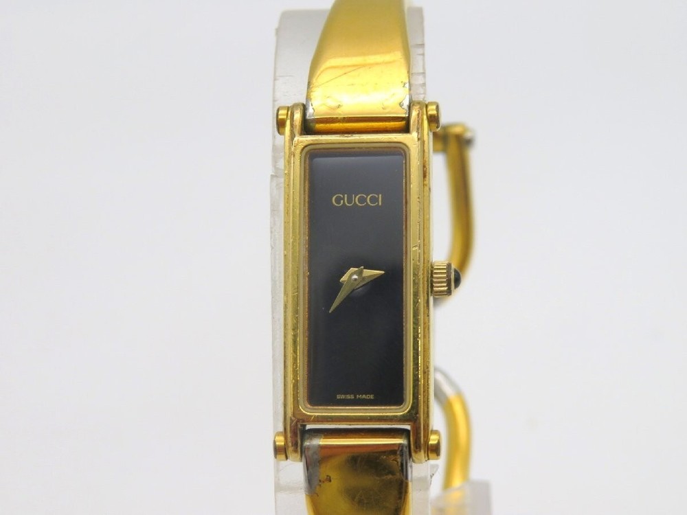 GUCCI 1500 Watch Gold Black Dial QZ Women’s Bangle Wrist Watch Used Working
