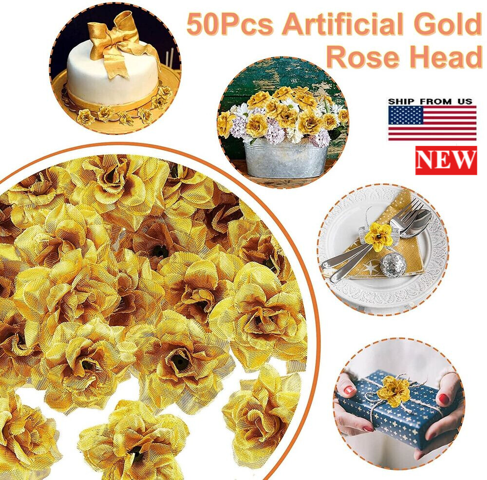 50Pcs Artificial Gold Rose Silk Fake Flower Head Wedding Party Home Decor,NEW