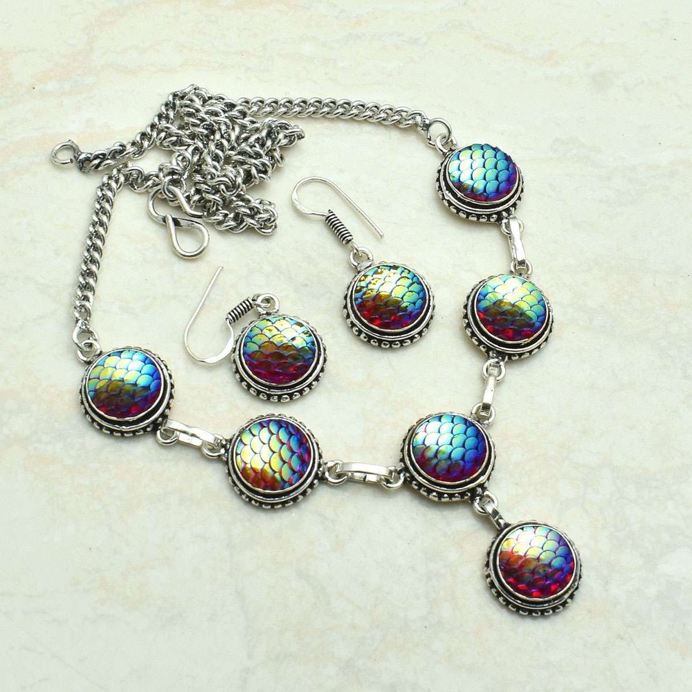 Rainbow Fish Titanium Gemstone Handmade Necklace+Earring Jewelry 31 Gms AN 60362