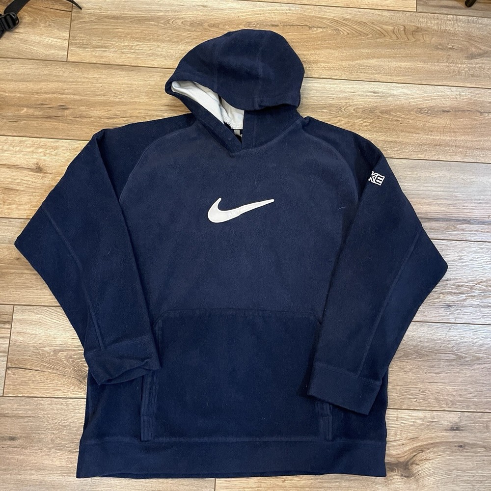 Y2K Vintage Nike Silver Tag Fleece Sherpa XL Hoodie Navy Blue Center Swoosh