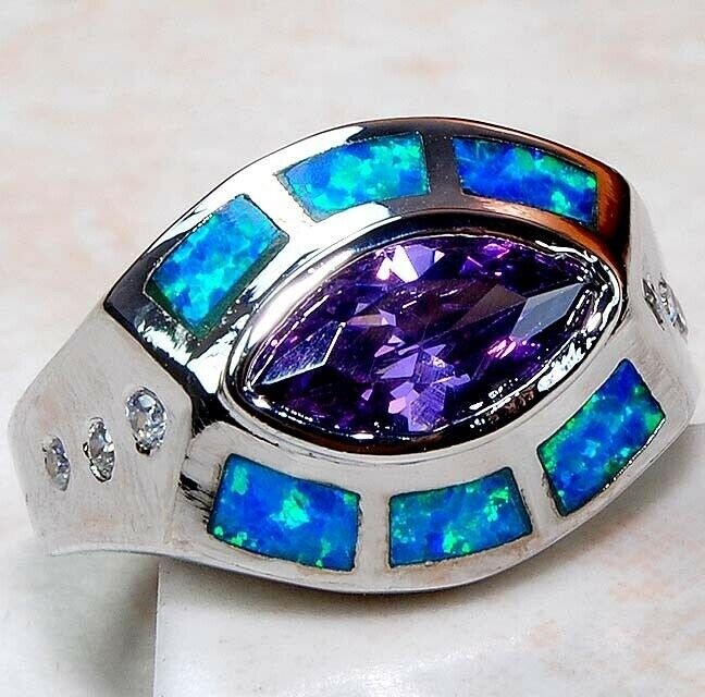 1CT Amethyst & Australian Opal Inlay 925 Solid Sterling Silver Ring Sz 6