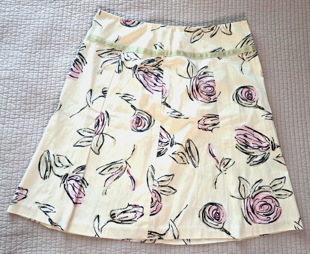 Cato A-line Skirt Cotton Blend Knee Length Womens 12 Off White Floral Green Trim