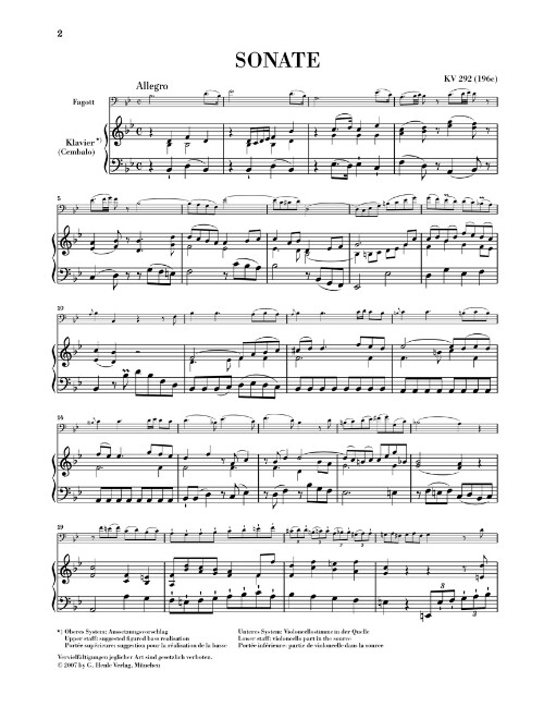 Sonata in B-flat Major, K. 292 (196c) for Bassoon & Violoncello (Basso continuo)