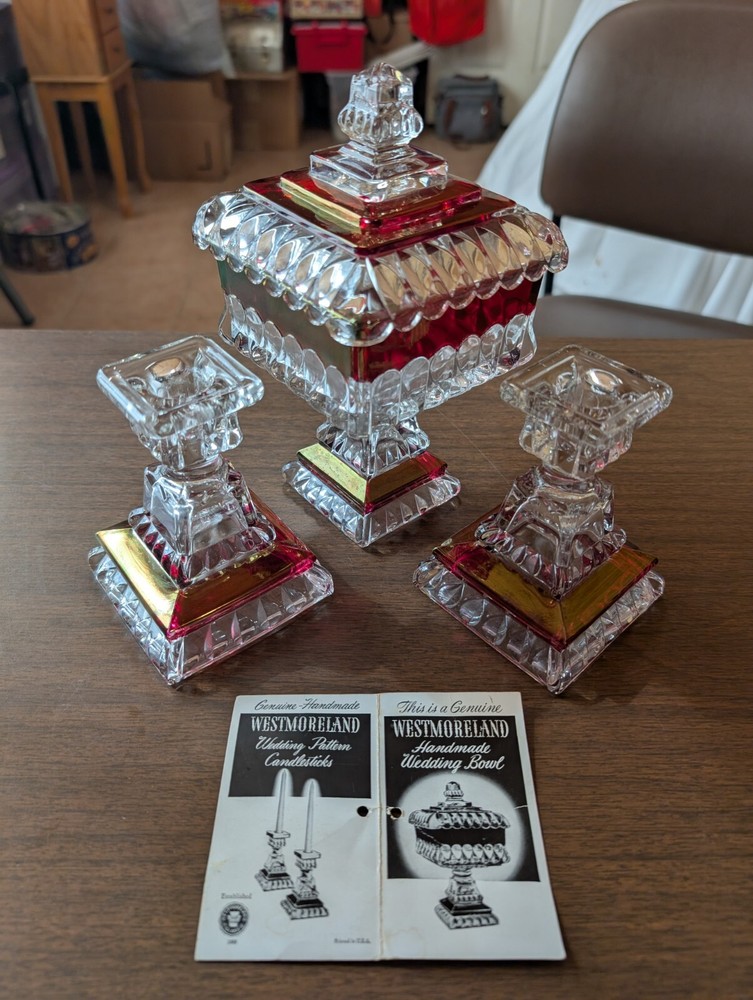 MCM Westmoreland Cranberry Pedestal Bowl and Candlesticks Wedding Set  