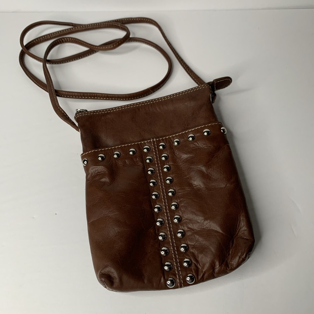 NY Mini Genuine Leather Nail Head Trim Red Horse CB Bag in Brown