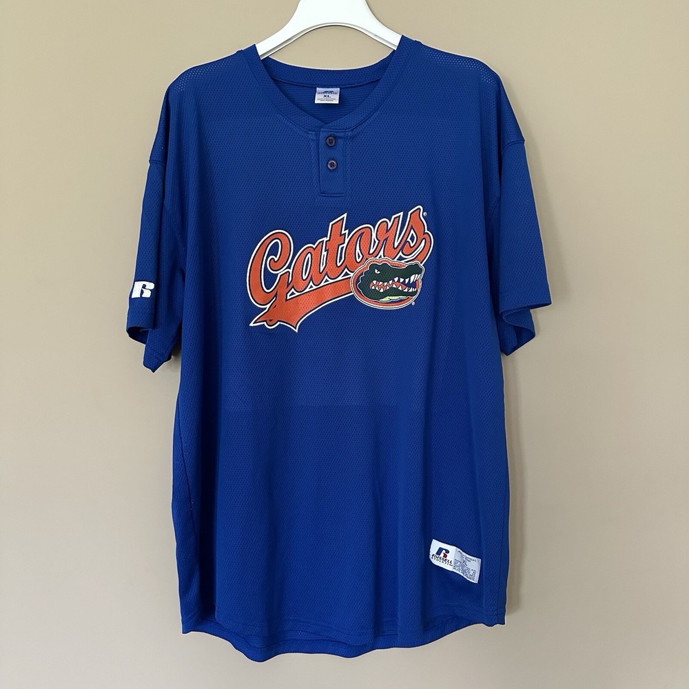 Men's XL Florida Gators Jersey Mesh Shirt Russell Athletic Henley Blue Orange