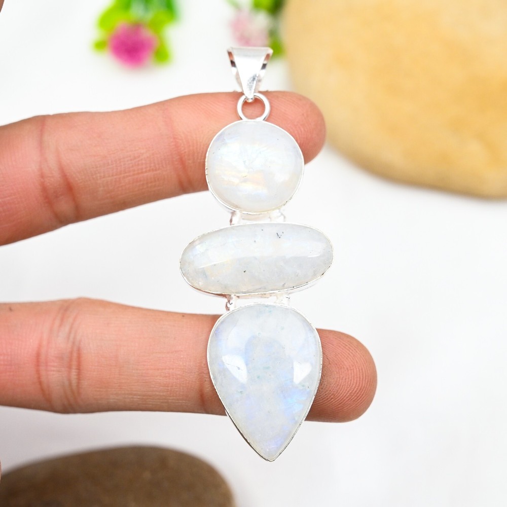 Rainbow Moonstone Pendant in 925 Sterling Silver Handmade Jewelry Gift for Her