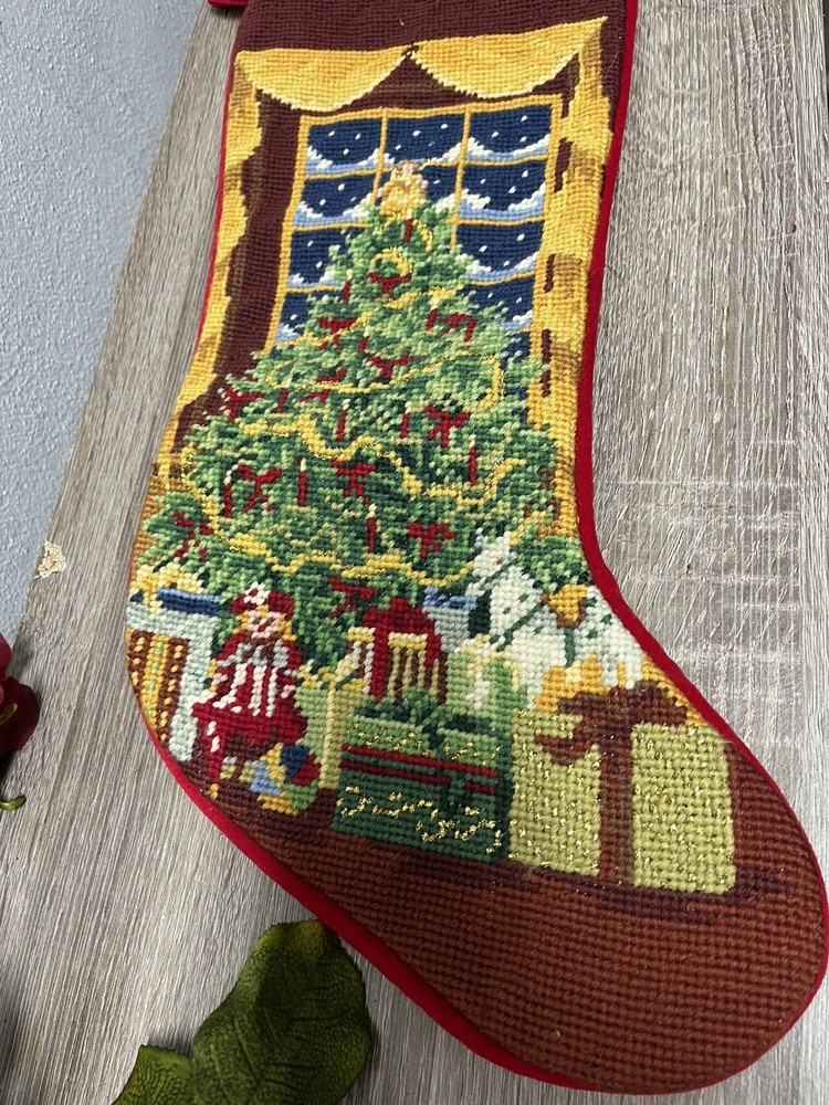 Vintage Needlepoint Christmas Stocking Christmas Tree Toys Velvet Backing 17”