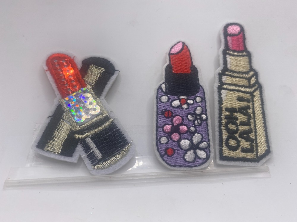 LOT OF 3 LIP STICK  NEW EMBROIDERED   IRON ON NAME PATCH TAG