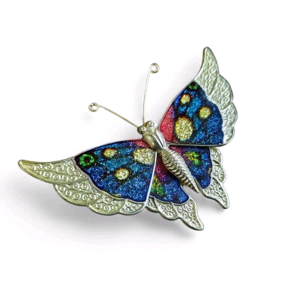 Vintage Rainbow Glitter Monarch Butterfly Enamel Gold Tone Pin Brooch