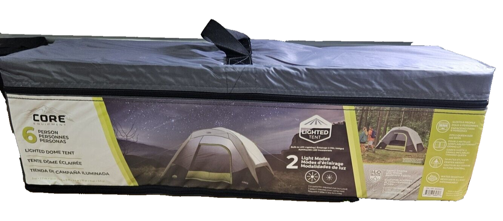 Core Equipment 6-Person Lighted Dome Tent 2 Light Modes Water Resistant Gray