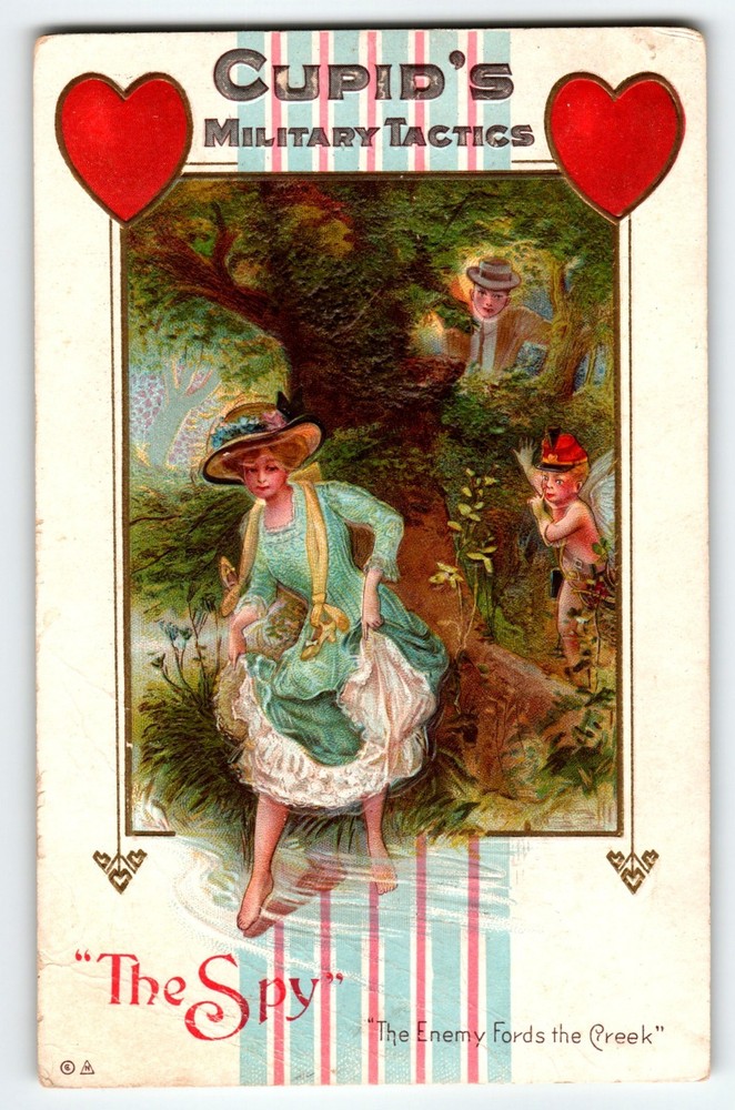 Vintage 1913 Valentine Postcard, Cupid's Military Tactics, The Spy - Embossed