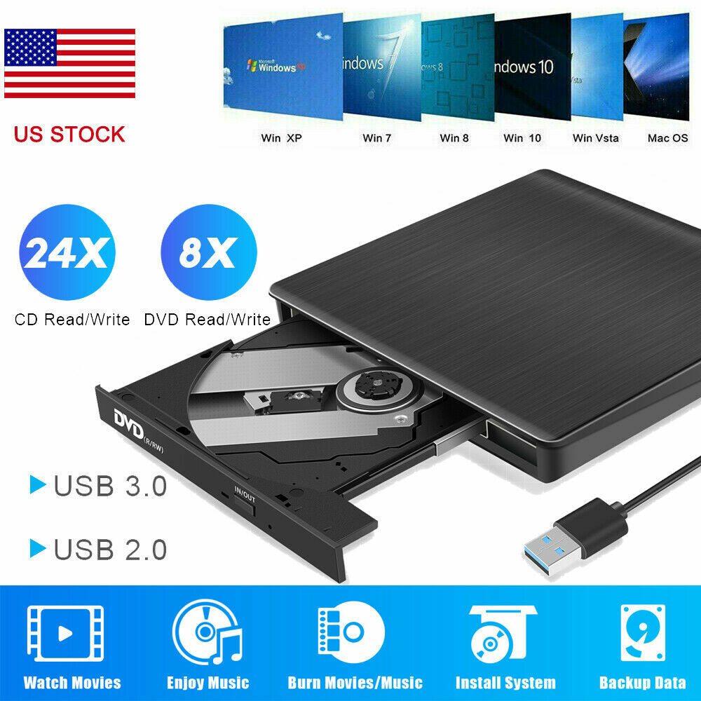 ✅Slim External USB 3.0 DVD RW CD Writer Drive Burner Reader Player For Laptop PC