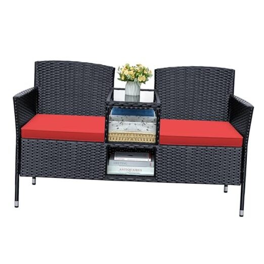 Patio Loveseat Outdoor Wicker Furniture Conversation Set with Soft Red