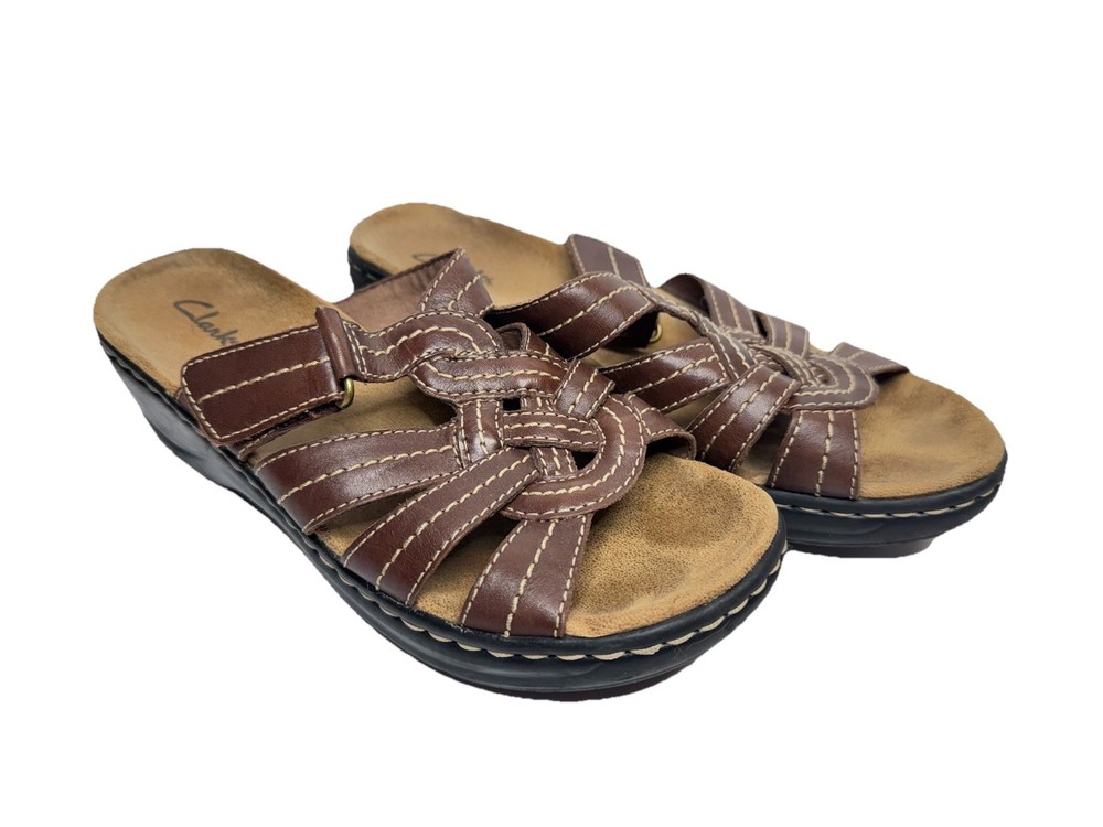 Clarks Womens Size 8 Brown Leather Slip On Sandals Bendable Sole