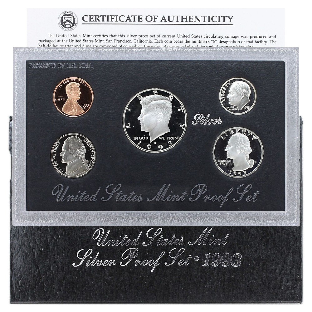 1993 United States Mint Silver Proof Set - 5 Coins - COA & OGP  90% Silver
