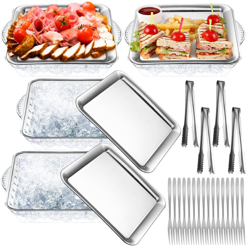 4-Piece 9-Inch Chilled Party Serving Tray Set with Ice Compartments
