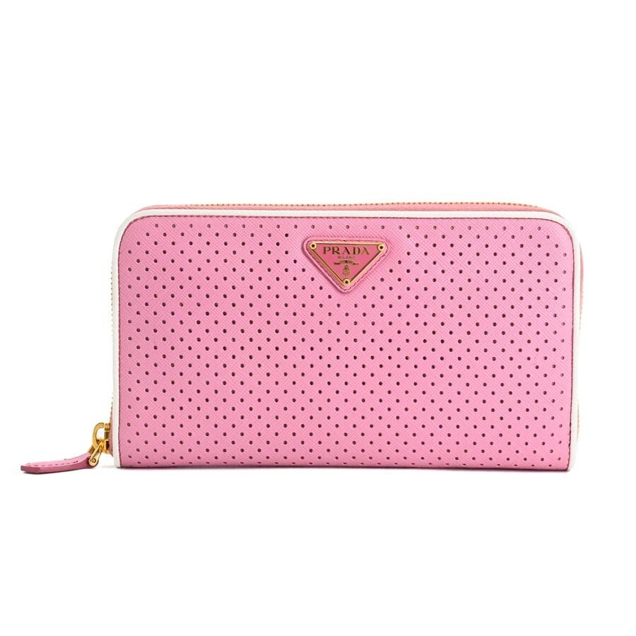 PRADA Saffiano Leather Zip Wallet Pink White Authentic With Box