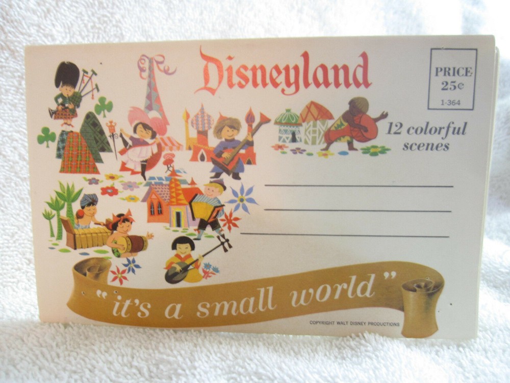 1960s Disneyland Fantasyland Small World 12-scene vintage postcard folder