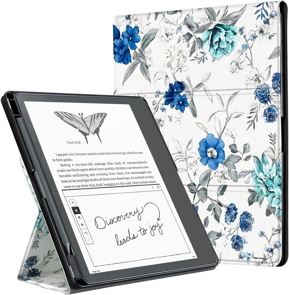 CoBak Stand Case for Kindle Scribe - Premium Folio Leather Cover Blue Blossom