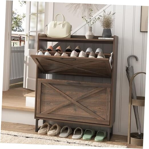 Shoe Storage Cabinet with 2 Flip Drawers, Freestanding Organizer with Metal