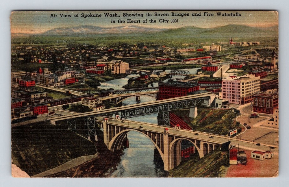 Spokane WA-Washington, Aerial View, Seven Bridges, c1944 Vintage Postcard