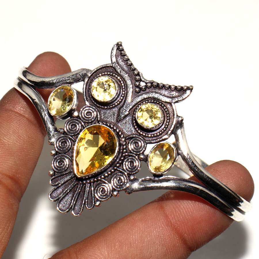 Citrine 925 Silver Plated Owl Gemstone Free Size Bangle Jewelry JW