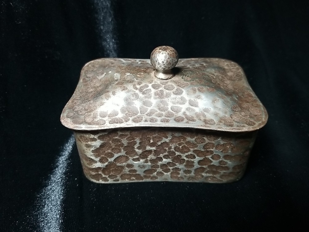 Vintage Enamel Lined Hand Hammered Metal Lidded Trinket Box
