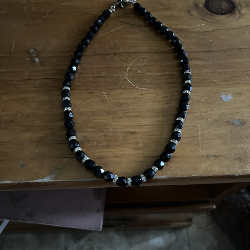 Cold water Creek Black Beaded Necklace With Clear Rhinestone Bead