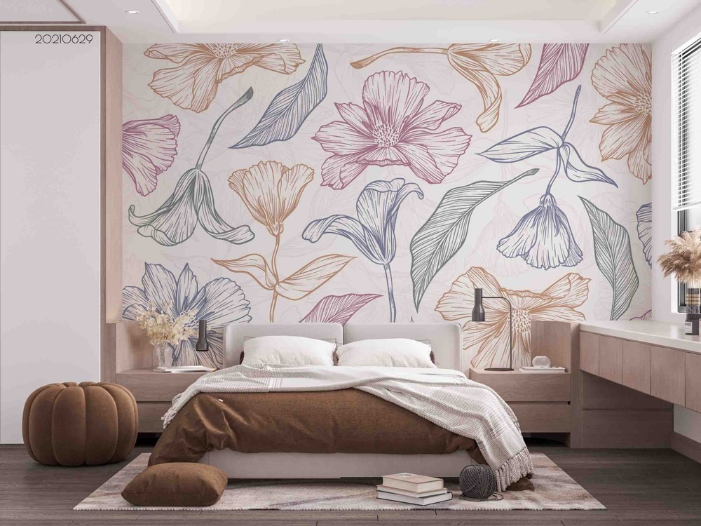 3D Hand Drawn Flowers Leaves Wall Murals Wallpaper Murals Wall Sticker