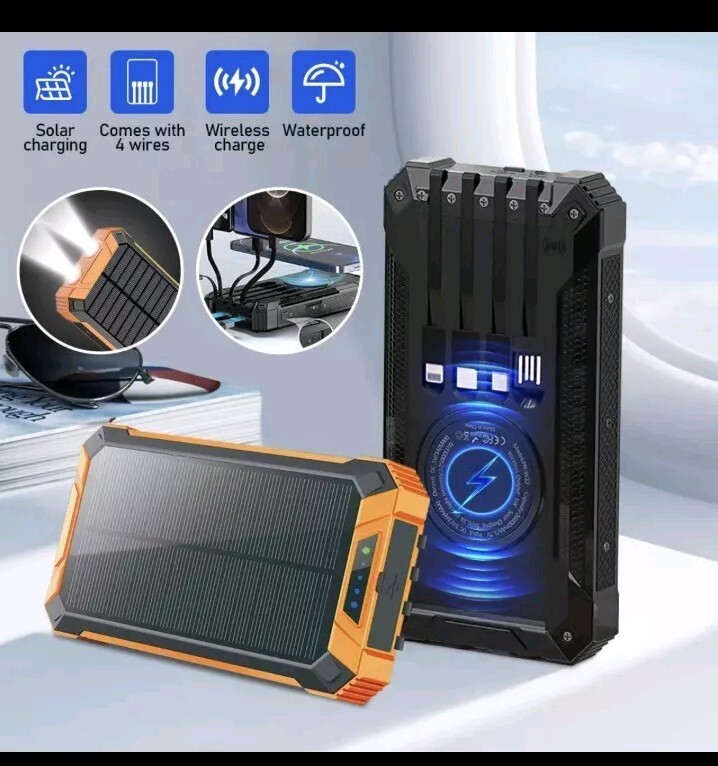 36000mAh 15W Solar Power Bank Charger Built in 4 Cables Fast Charging With LED