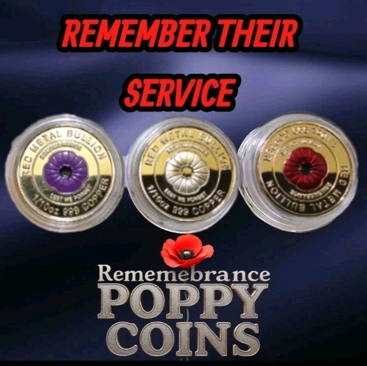 ×3 Red Purple Gold Finish Anzac Remembrance Poppy Coins Silver Finish Rare