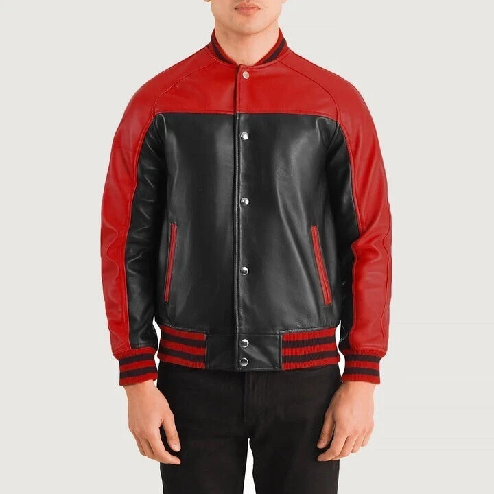 Black and Red Leather Varsity Jacket with Contrast Sleeves