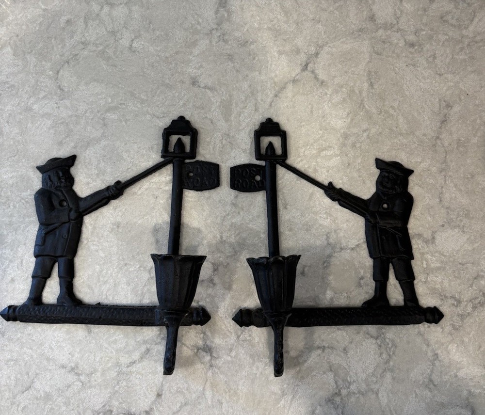 Vintage Black Cast Iron Post Road Candle Sconces by VC Inc Taiwan