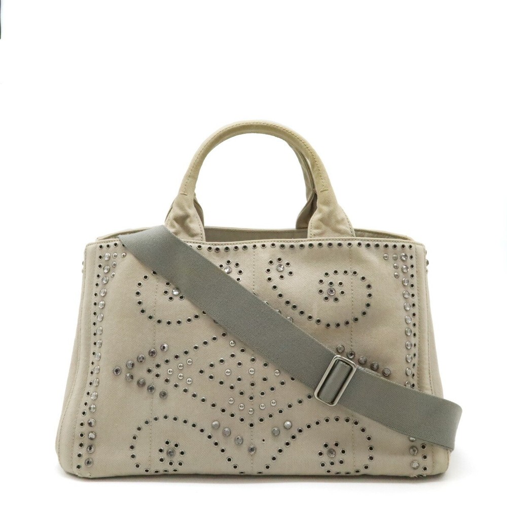RARE Prada Canapa Tote Bag with Bijou Studs in Light Gray