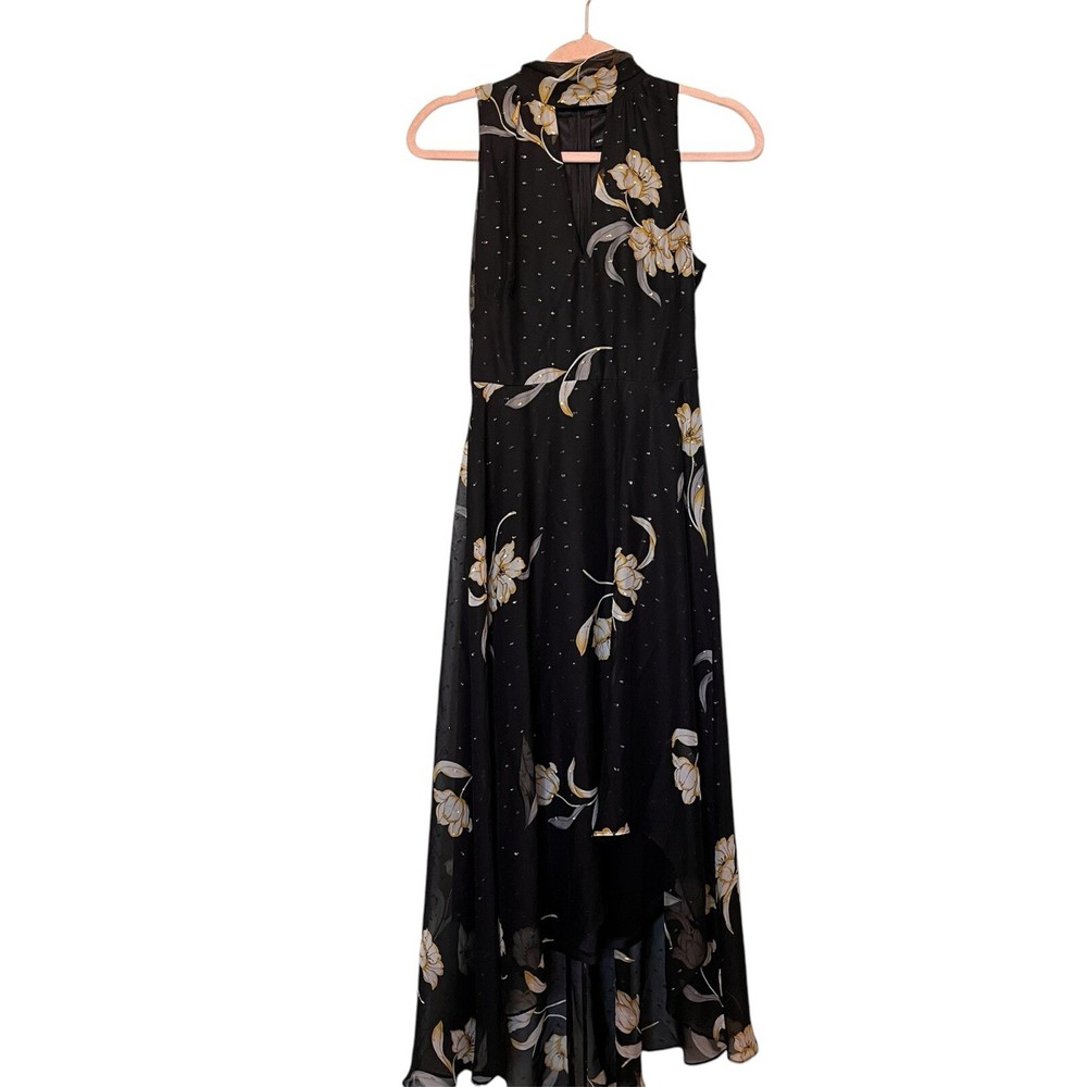 White House Black Market Womens Halter Maxi Dress Floral Keyhole Neck Black Sz 0