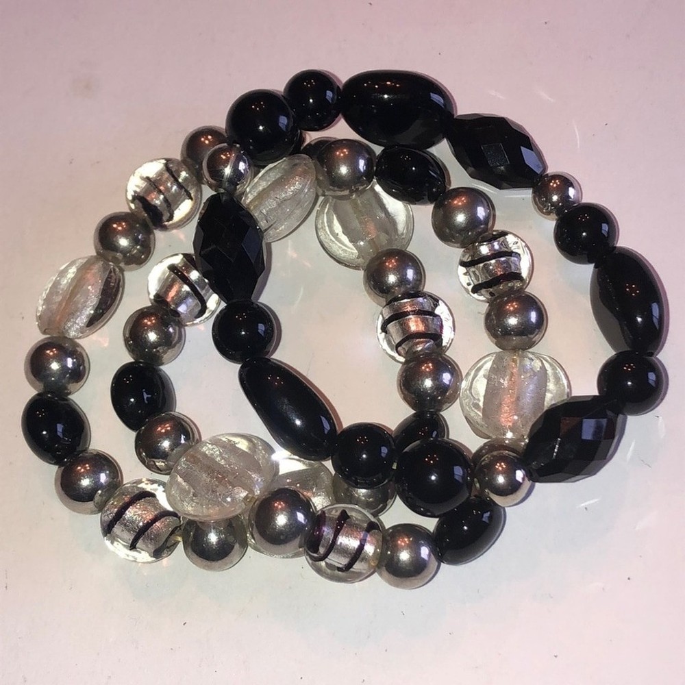 Set of 3 Black Boho Beaded Stretch Bracelets