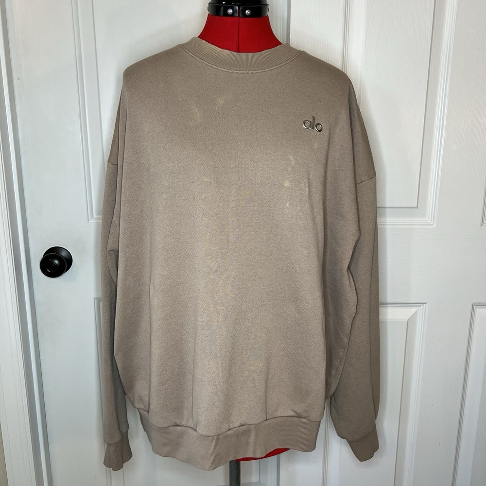 Alo Accolade Crew Neck Pullover Sweatshirt Gravel Tan Unisex L *Flaws* U3031RG