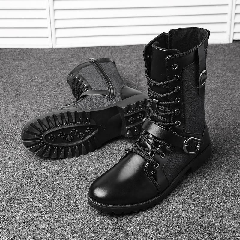 Men's biker Motorcycle Combat Riding Lace Up Buckle Strap Mid Calf Boots Shoes